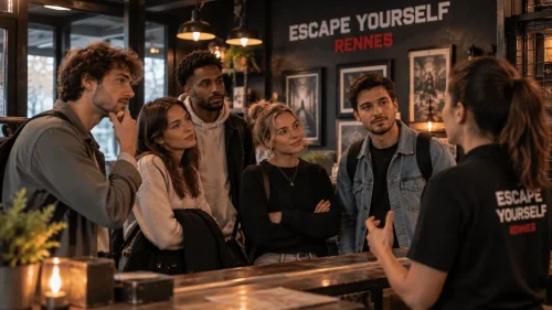 Groupe d'amis en escape game à Rennes en plein briefing